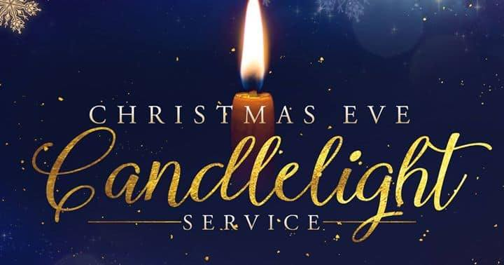 Christmas Eve candlelight service announcement with a lit candle.